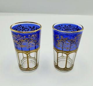 Moroccan Tea Glasses Set Of 2 Cobalt Blue & Gold Gilt Scroll 4 Oz Cordial Glass