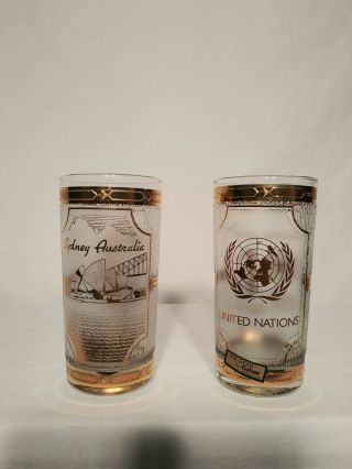 2 Vtg Culver 22K Gold Souvenir Highball Glasses United Nations and Sydney AU. 2