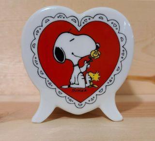 Vintage Peanuts Snoopy And Woodstock Heart Ceramic Valentine Vase 1965