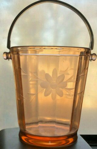 Vintage Pink Depression Glass Ice Bucket Etched Flower 6 "