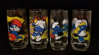 4 Vintage 1983 Collectible Smurfs Glasses Wallace Berrie & Co.  1982 Peyo