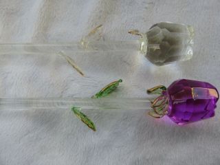 Rose Flower Bud Blown Glass Swizzle Stir Stick 2 Pc Clear And Deep Pink Color