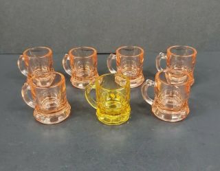 7 Vintage Federal Glass Co Mini Beer Mug Shot Glasses W/handles Pink Amber Euc