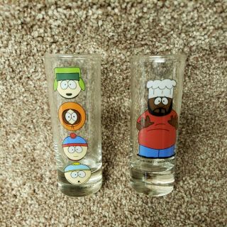 1998 South Park Comedy Central Double Shot Glass X2 Kyle Kenny Stan Cartman Chef