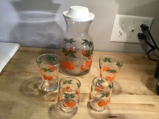 Vintage Orange Juice Glass Decanter And Four Glasses