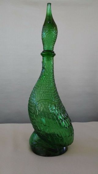 Vintage Made In Italy Pressed Green Glass Duck Decanter With Stopper