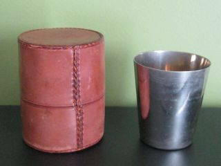 Vintage Metal Shot Cup In Hand Sewn Leather Case - Vg
