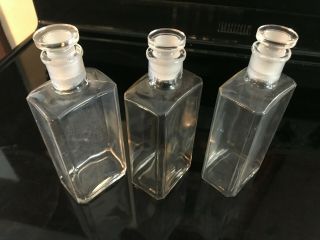 Set Of 3 Vintage Clear Glass Square Bottles W/ Stoppers