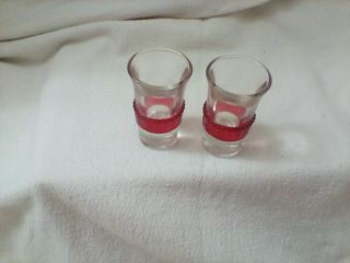 Set Of 2 Vintage Mid Century Modern Shot Glasses With Red Threaded Bands