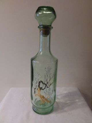 Vintage Green Glass Liquor Decanter With Stopper And Oriental Bonsai Art Work