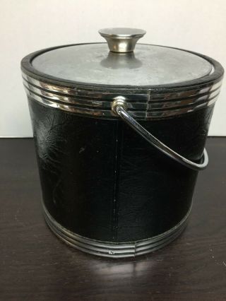 Vintage Kraftware Ice Bucket Faux Black Leather Chrome With Lid