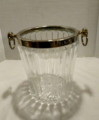 Vintage Large Ice Bucket With Clear Ribbed Press Glass And Chrome Trim & Handles