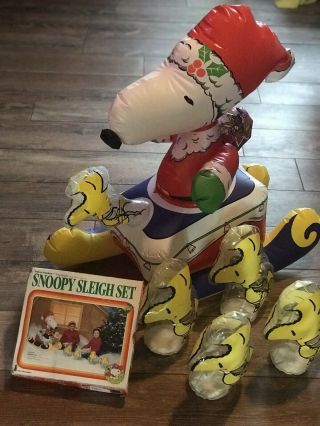 Vtg Peanut Snoopy Santa Christmas Sleigh Set Charlie Brown 1989 Inflated Display