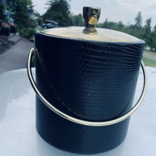 Vtg Mid Century Ice Bucket Black Textured Vinyl Brass Accents