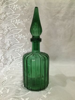 Vintage Green Ribbed Glass Bottle Decanter With Stopper