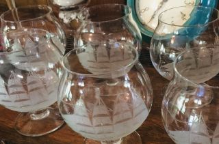 Clipper Ship Etched Brandy Snifters Set 5