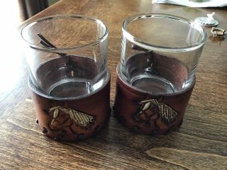 Vintage Glasses Set With Leather Wrapped Bottoms,  Horse Head Design
