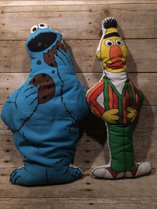 Set Of 2 Vintage Sesame Street Muppets Pillow Dolls - Cookie Monster Bert Plush