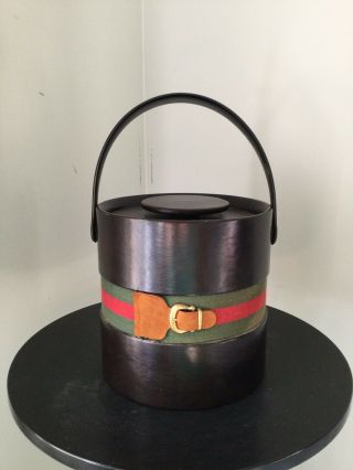 Vintage Kraftware Ice Bucket Black Leather Green Red Buckle Belt Detail