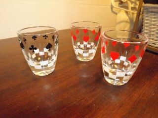 Set Of 3 Vintage Shot Glasses Hearts/diamonds/spades/clubs 2 " Tall