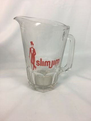 Vintage Red Slim Jim Advertising 56 Ounce Glass Beverage Iced Tea Beer Pitcher