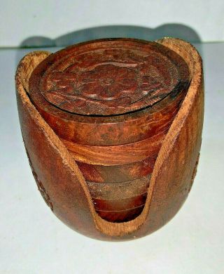 Vintage Carved Wooden Coaster Set With 6 Carved Wood Coasters In Wood Container