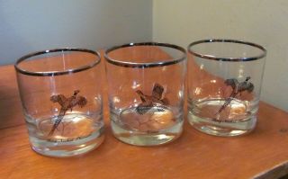 3 Vintage Silver Rim Game Birds Pheasant Grouse Cocktail Drinking Glasses Rocks