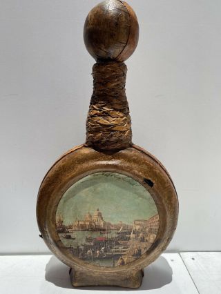 Vintage Painting Of A Dock W/ Leather Wrapped Italian Decanter Made In Italy