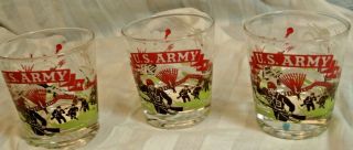 3 Vintage U S Army Highball Glasses - World War 2 Scenes - Tanks,  Parachute,  Bazooka