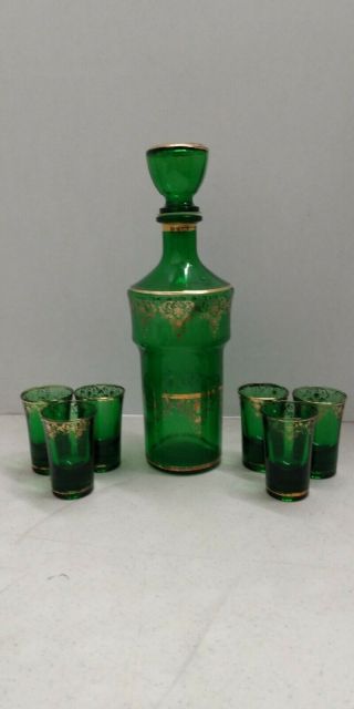Vintage Green Glass Decanter With 6 Shot Glasses