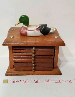 Vtg Price Products Mallard Duck Wood & Cork Coasters With Storage Caddy Set Of 8
