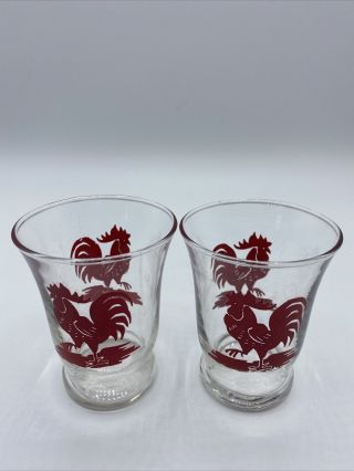 (2) Vintage 1950’s Red Rooster Chanticleer Double Shot Glasses Retro Farmhouse