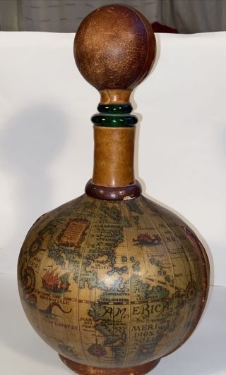 Vintage Italian Leather Wrapped Decanter Bottle.  Atlas Map