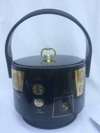 Vintage Ice Bucket Black Patent Leather Gold Trim Early American Coin Theme