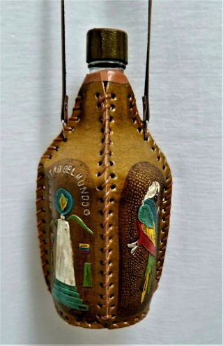 Ecuador Leather Covered Glass Bottle With Strap Hand Crafted