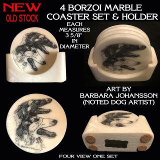 4 Borzoi Marble Coaster Set & Holder With 2 Etched Profile Heads On Each One