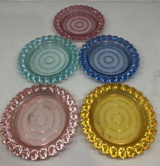 5 Vintage Plastic Colorful Jewel Tone Party 3.  75 " Drink Coasters,  1950’s