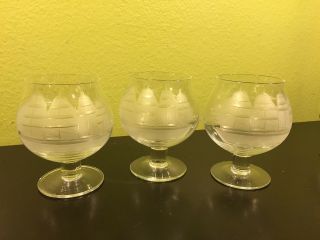 3 Vintage Crystal Cognac Snifters Cordial Etched Sailing Ship Boat Nautical Sea