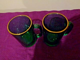 Vintage Set Of 2 Green Glass Coffee Tea Mug With Golden Rim 4.  5 Inch Tall