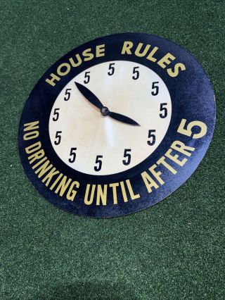 Humorous Barware Clock Sign Mid Century House Rules No Drinking Until After 5