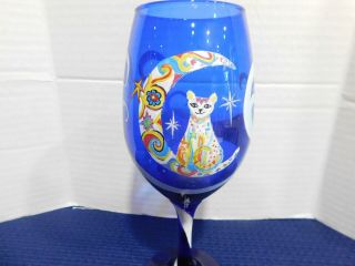 Hand Painted Wine Glass W/cat Sitting On A Crescent Moon