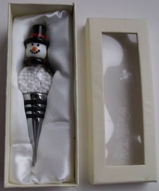 Glass Art Snowman Snow Globe Wine Bottle Stopper Saver Plug 4.  75” Tall - Nib