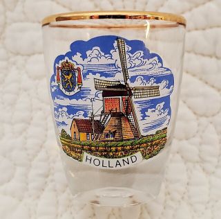 Holland Souvenir Shot Glass Gold Rim 1oz Coat Of Arms 2 " Full Color Windmill