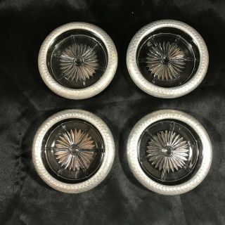 Set Of 4 Vintage Glass Coasters Aluminum Rims
