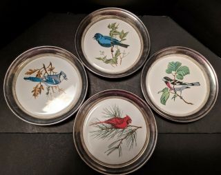 Sheridan Silver Porcelain Bird Coasters Cardinal Blue Jay Oriole Bluebird Set 4
