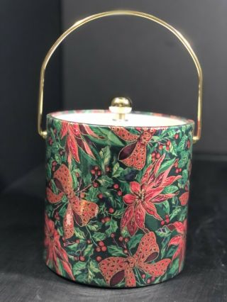 Green Red Poinsettia Ice Bucket Christmas Lid Gold Handle Elegance By Kraftware