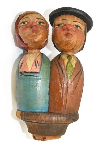 Vintage Wood Wooden German Carved Wine Bottle Stopper Couples Kissing Bx - 2