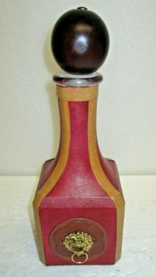 Vintage Leather Wrapped Wine Bottle Decanter Lions Head Made In Italy