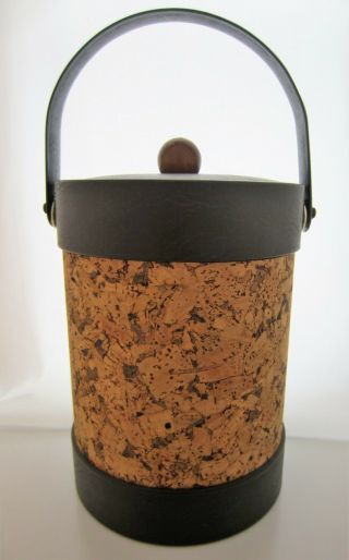 Vintage Mid Century Modern Cork Faux Brown Leather 11 " Tall Ice Bucket