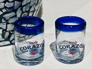 Corazon Tequila Shot Glass Set Of Two (2) Handblown Blue Rimmed